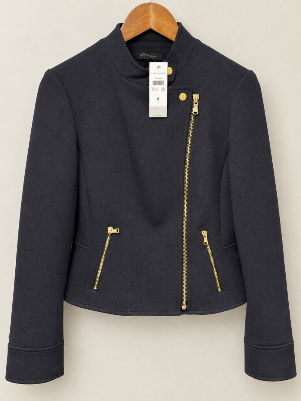 NWT Ann Taylor Navy Moto Jacket Gold Zippers Size 6